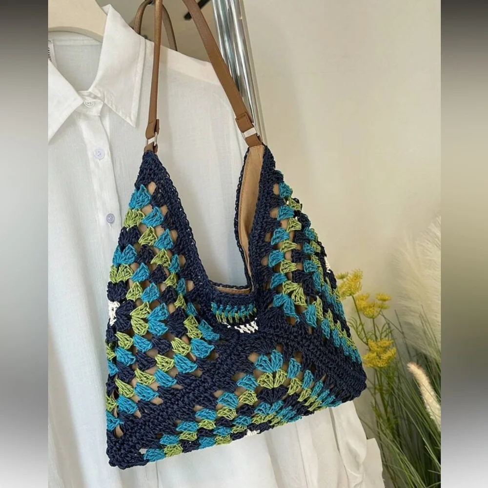 Elegant Blue and Green Crochet Hobo Bag